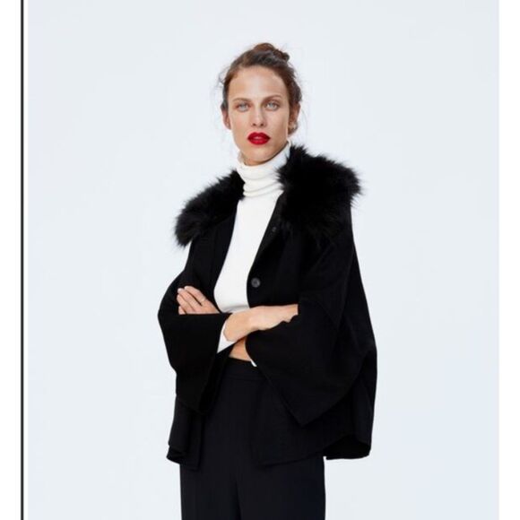 Zara Wool Blend Jacket Over Coat, Removable Fur Collar, Black, Wide Sleeve Sz M - Picture 13 of 13